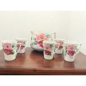 Vintage Japan Porcelain Lemonade Pitcher with 5 cups Hand Painted Floral